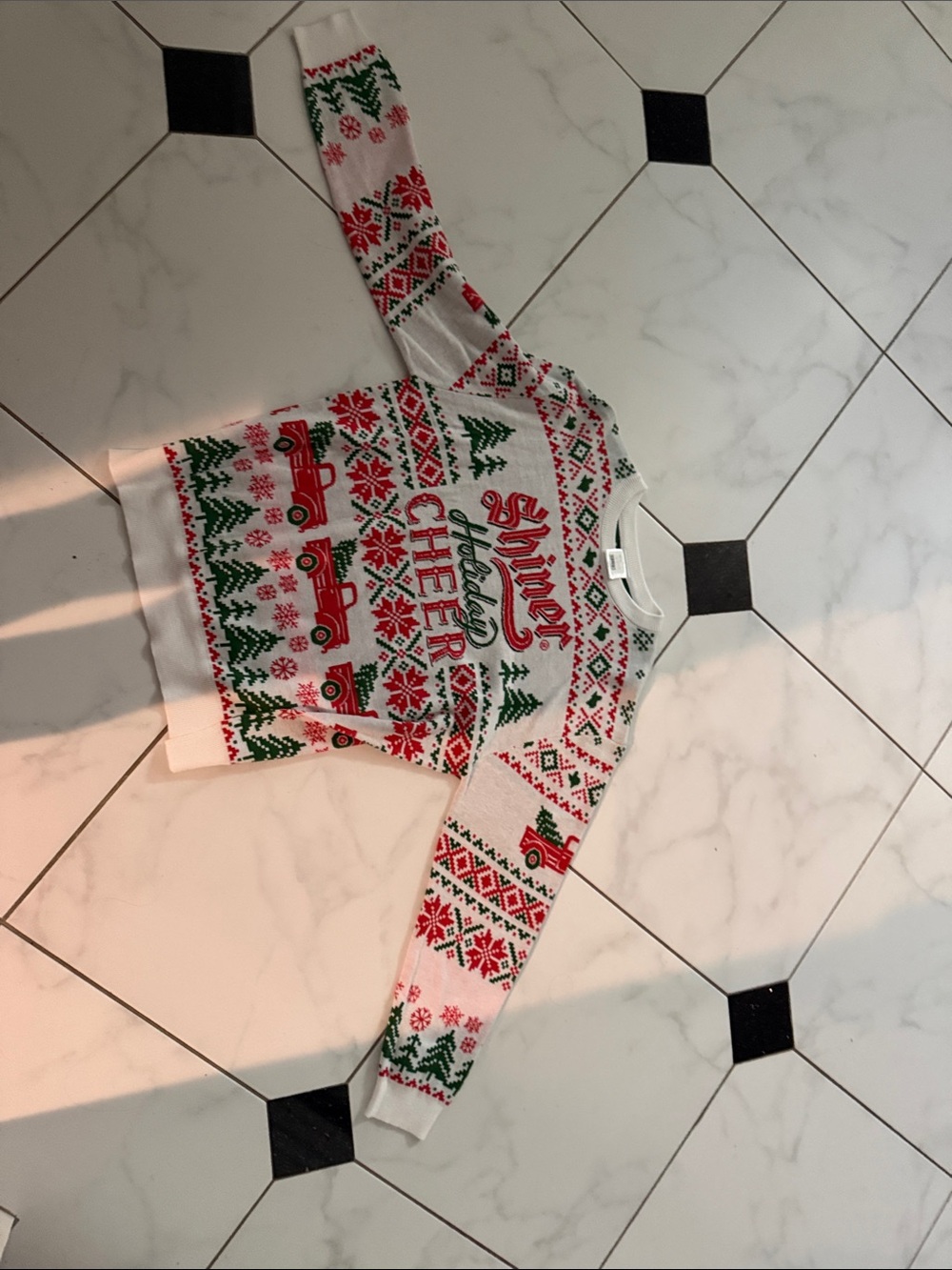 White Holiday Crewneck Sweater with Red & Green Festive Motif
